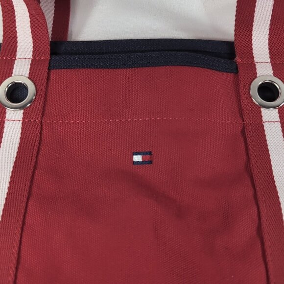 Tommy Hilfiger Tote Bag Matching Pouch Set Red Navy Blue Stripe Straps Large - Picture 4 of 13